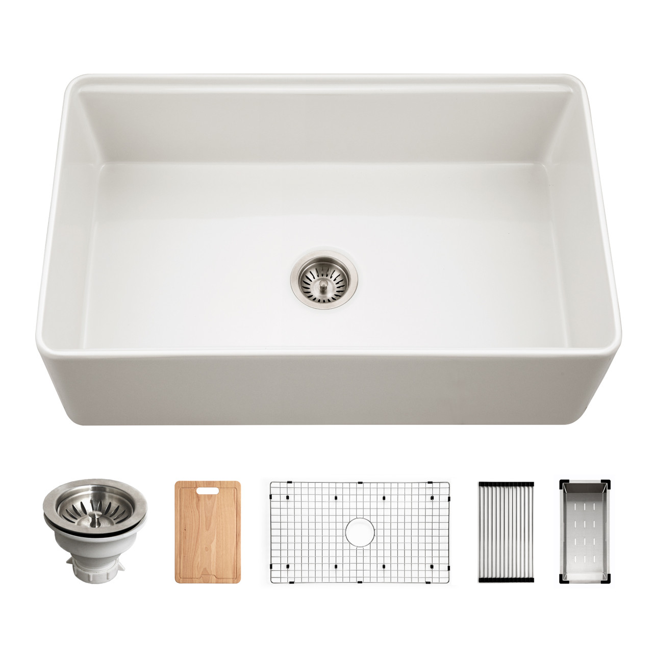 White Aspire sink displayed with its included strainer, cutting board, bottom grid, roll-up mat and drying tray