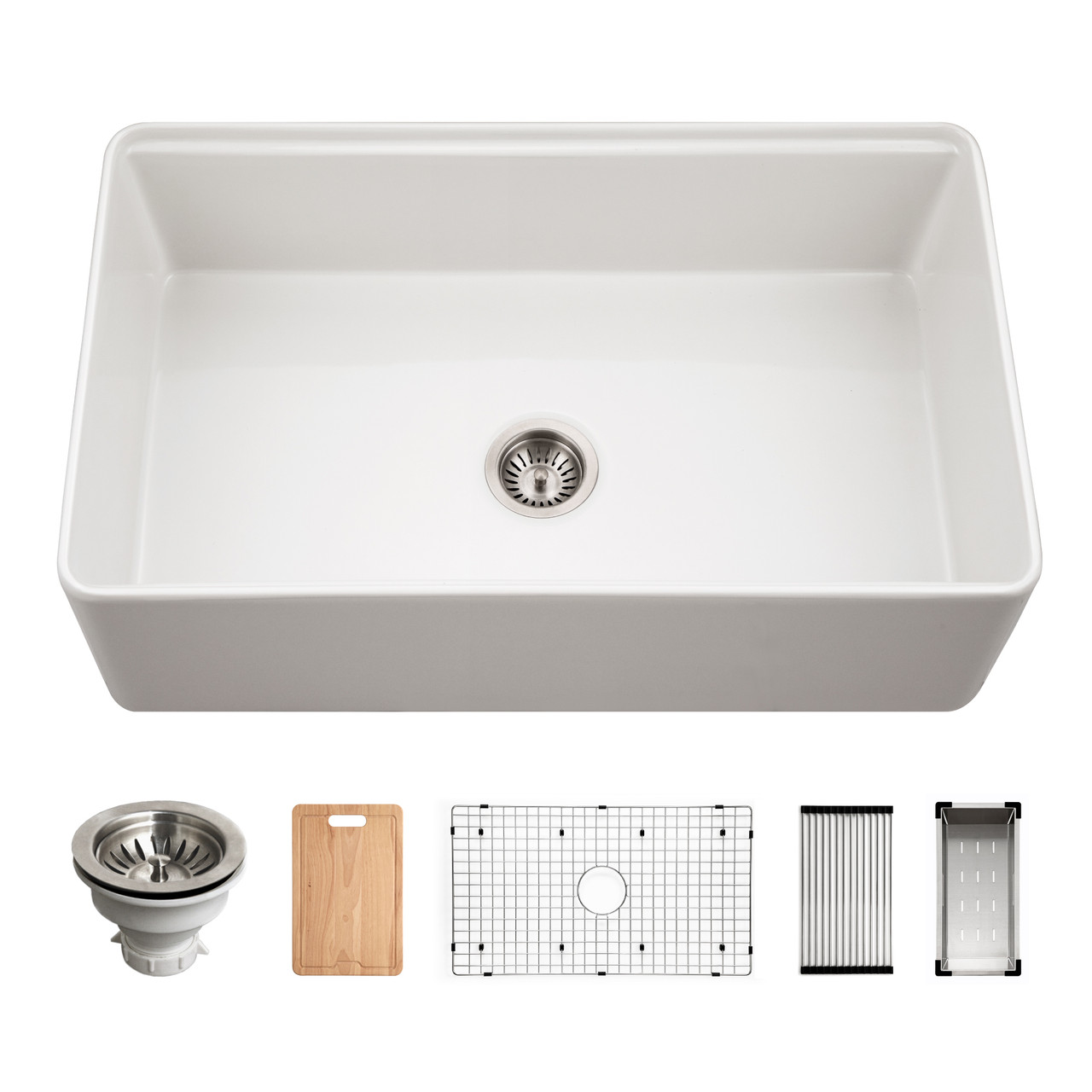 White Aspire 33-inch fireclay workstation sink with included accessories